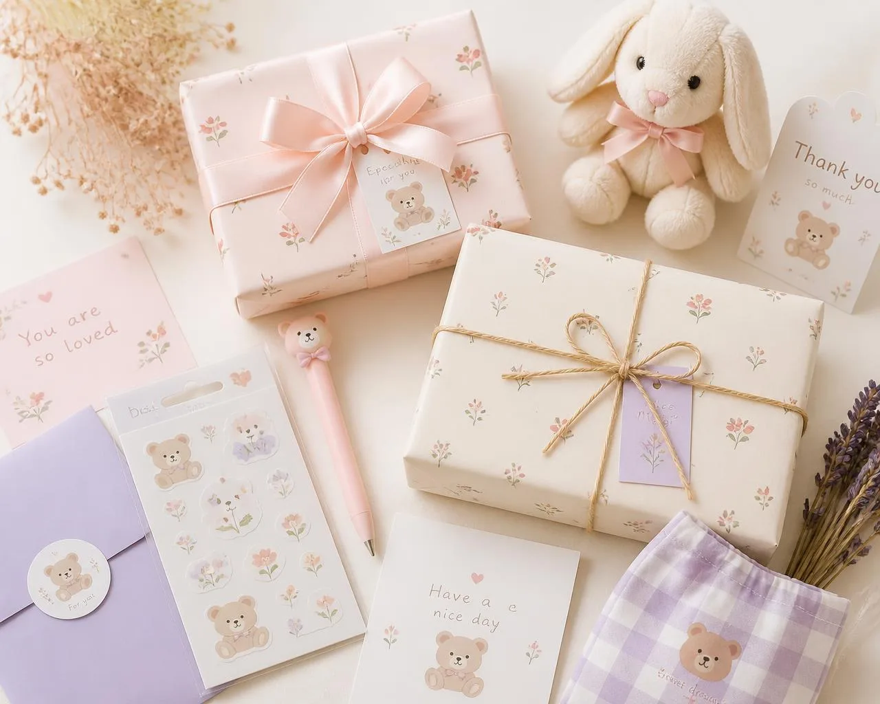 Pastel kawaii gift boxes, stickers and plush bunny styled on a cream desk